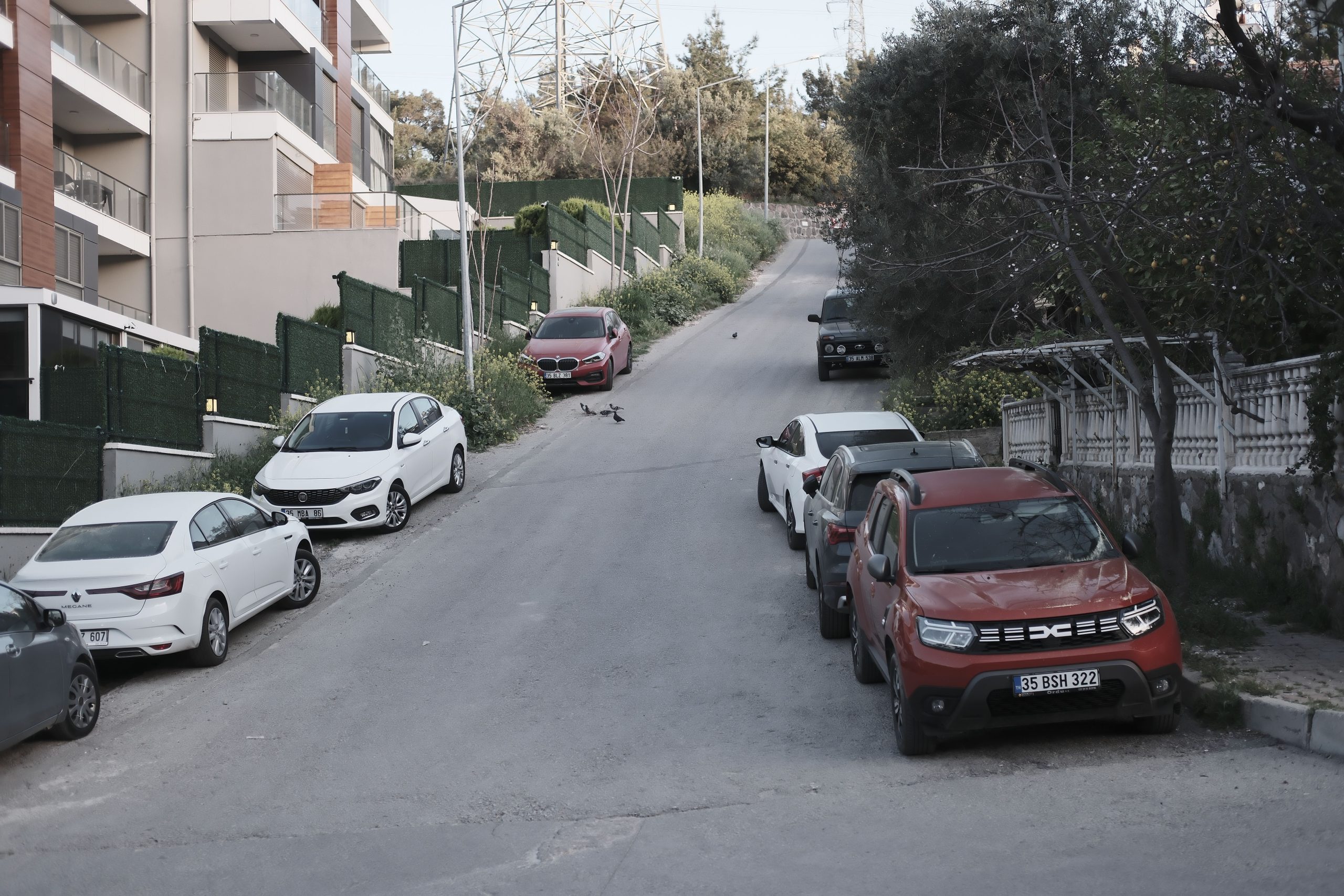 Rue résidentielle escarpée avec véhicules garés